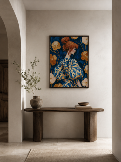 Floral Portrait Wall Art - Wall Art Decor - close-up - navy floral art print, woman portrait poster