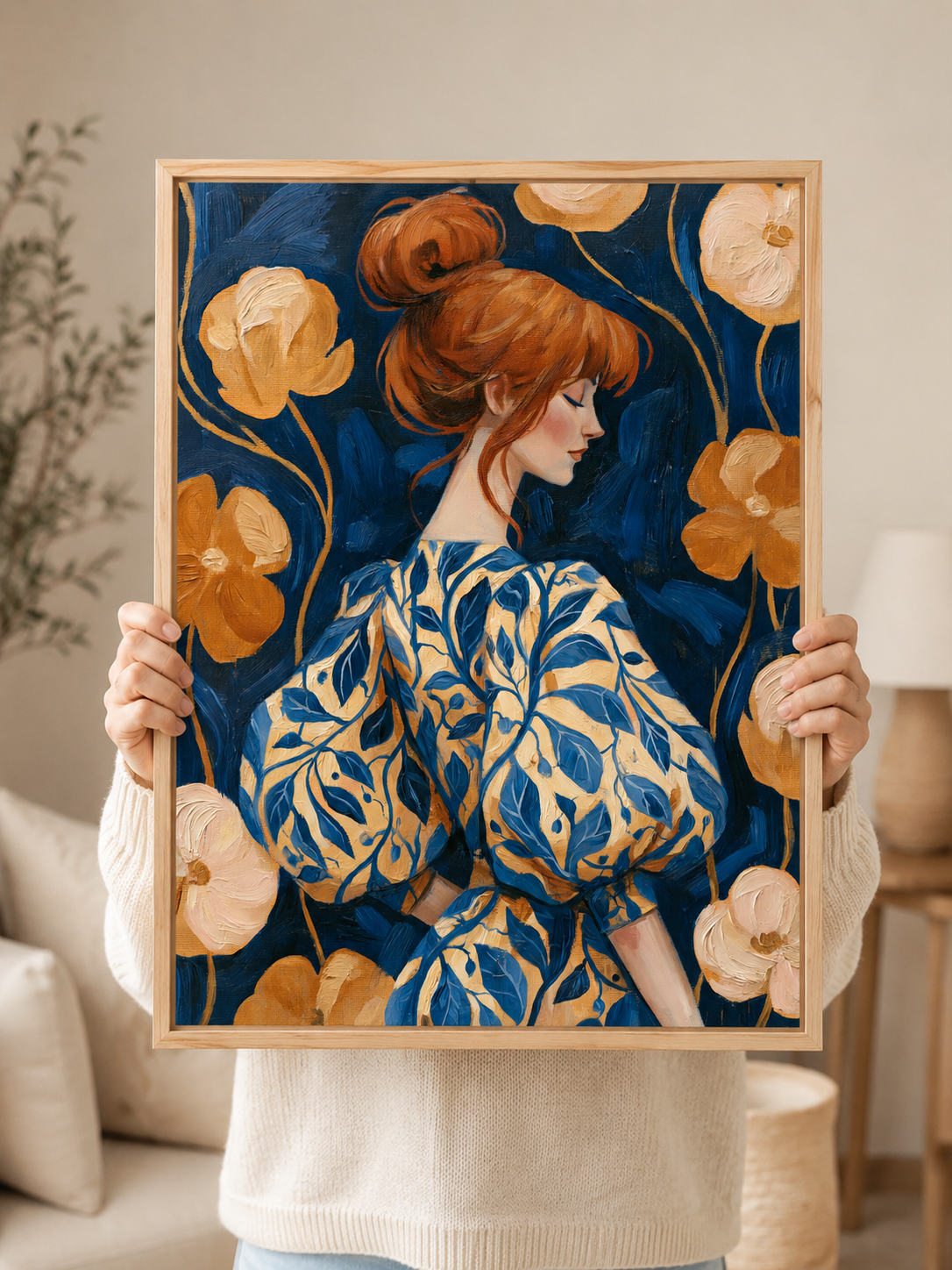 Floral Portrait Wall Art - Wall Art Decor - alternate angle - navy floral art print, woman portrait poster