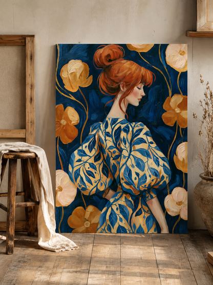 Floral Portrait Wall Art - Wall Art Decor - front view - navy floral art print, woman portrait poster