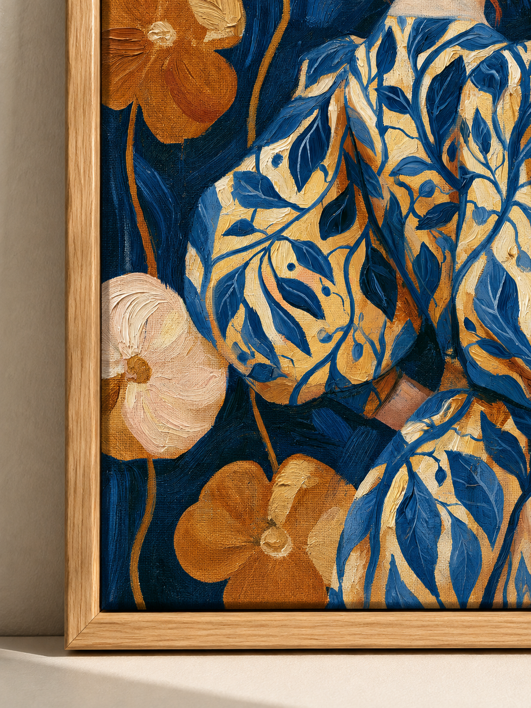 Floral Portrait Wall Art - Wall Art Decor - detail view - navy floral art print, woman portrait poster