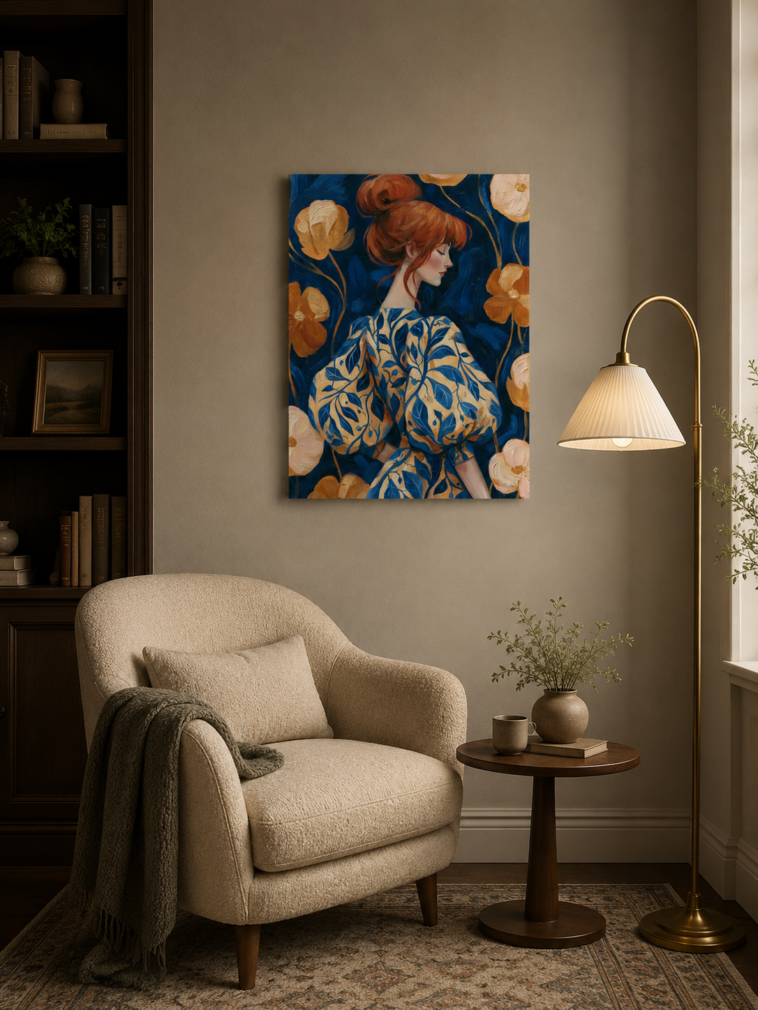 Floral Portrait Wall Art - Wall Art Decor - lifestyle shot - navy floral art print, woman portrait poster