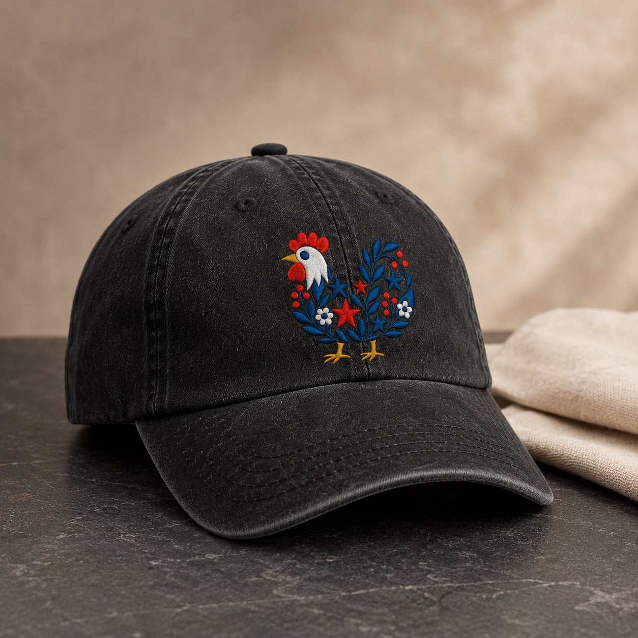 Black cap with a colorful rooster design on a dark surface and beige background