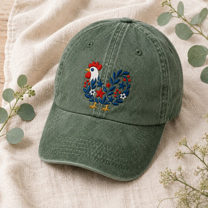 Green cap with embroidered rooster design on a beige fabric background