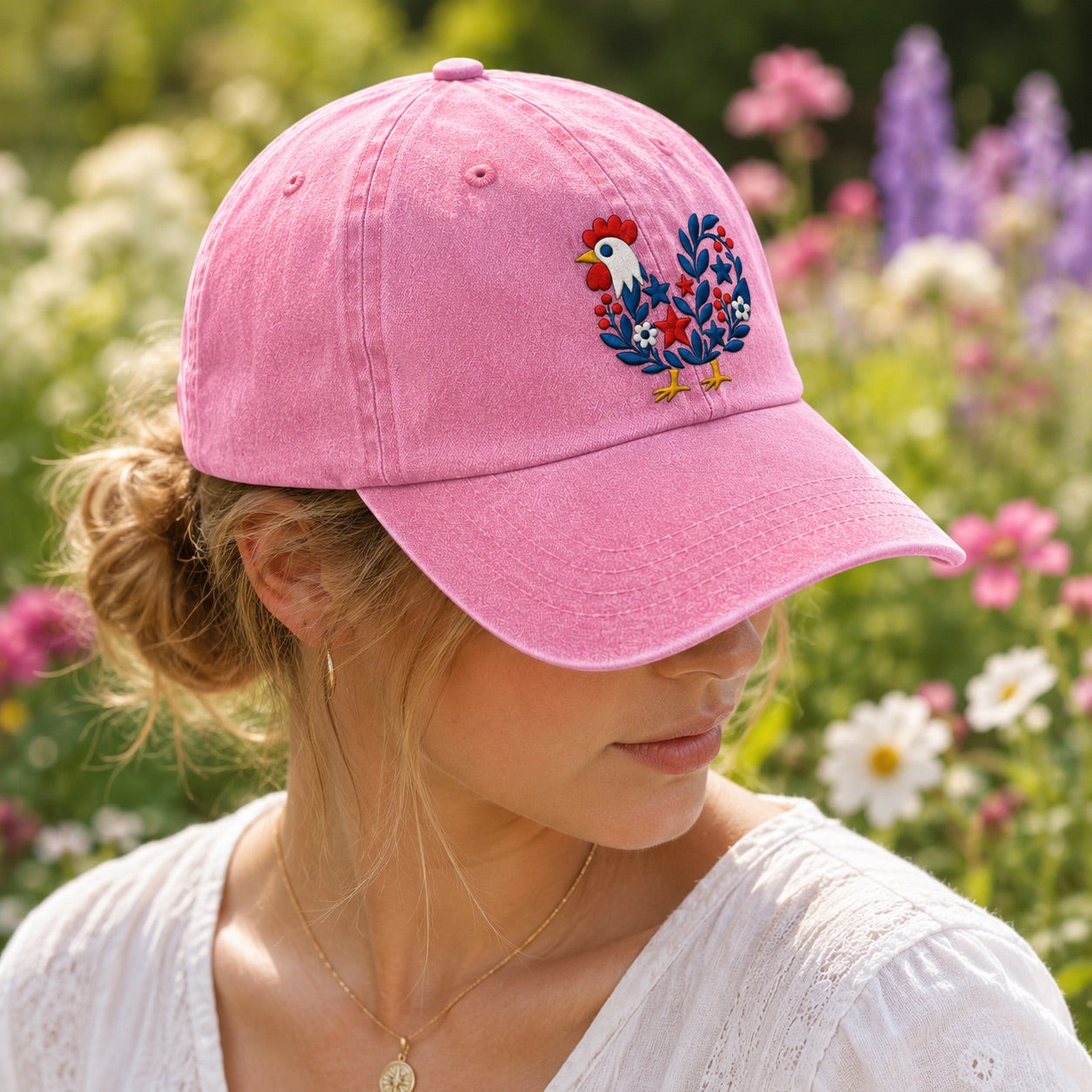 Woman wearing a pink cap with a chicken design in a floral setting