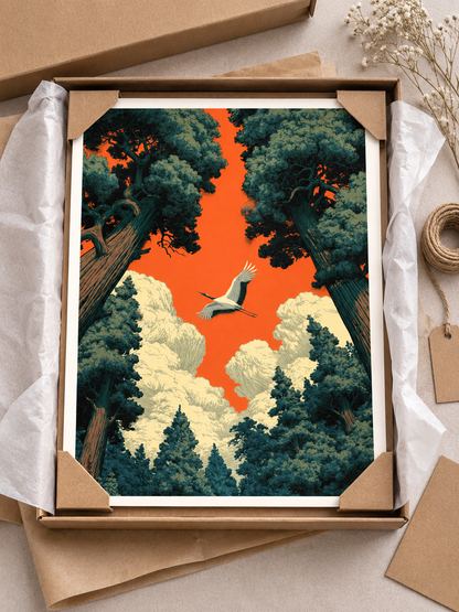 Forest Canopy Sunset Wall Art - Wall Art Decor - lifestyle shot - forest canopy sunset art, orange sky wall art