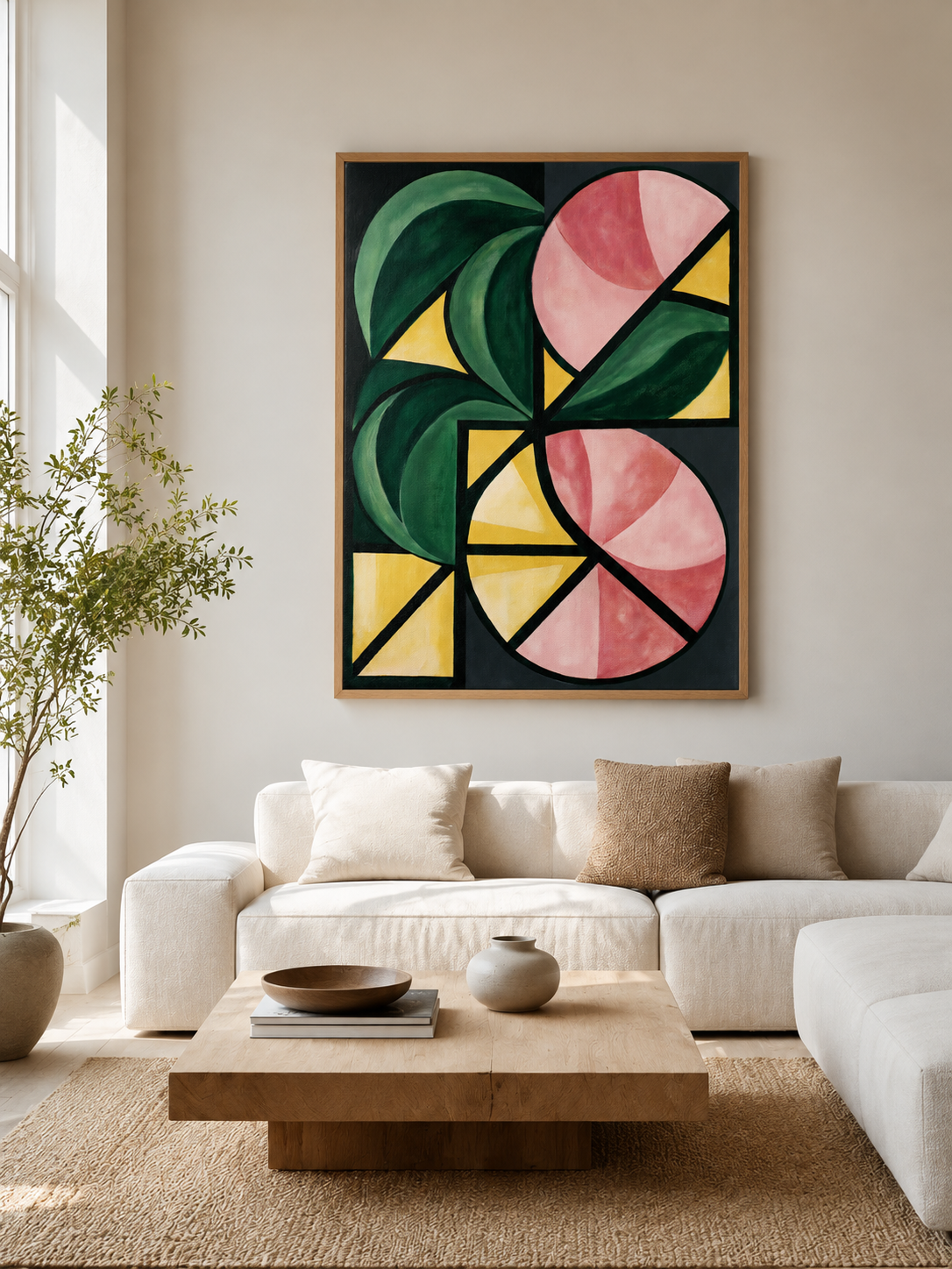 Forest Green Geometric Wall Art - Wall Art Decor - detail view - forest green geometric wall art, pink geometric art print