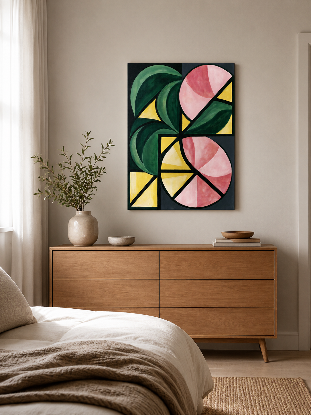 Forest Green Geometric Wall Art - Wall Art Decor - lifestyle shot - forest green geometric wall art, pink geometric art print