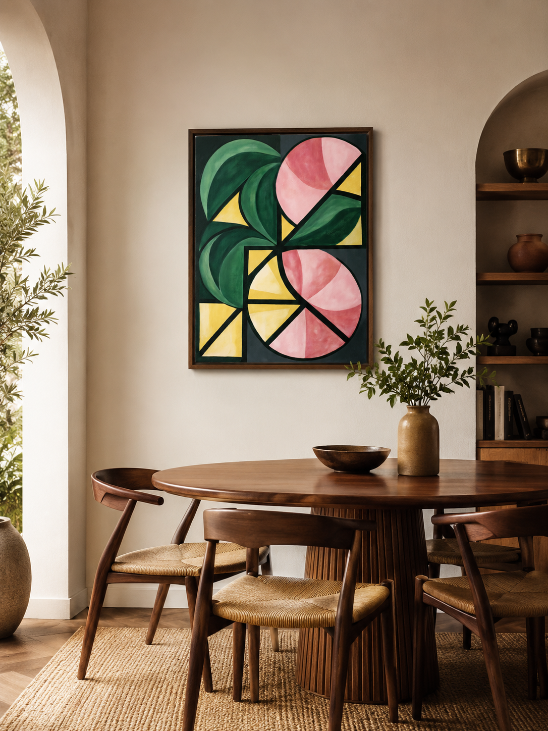 Forest Green Geometric Wall Art - Wall Art Decor - close-up - forest green geometric wall art, pink geometric art print
