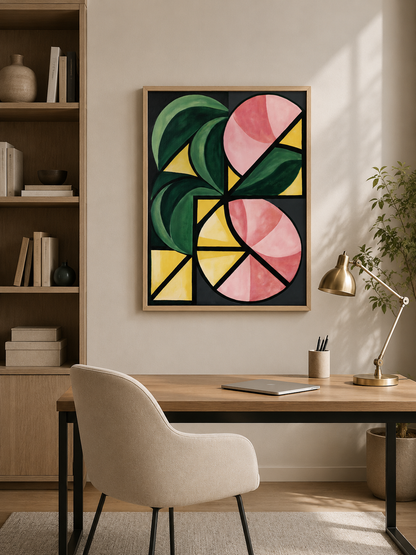 Forest Green Geometric Wall Art - Wall Art Decor - front view - forest green geometric wall art, pink geometric art print