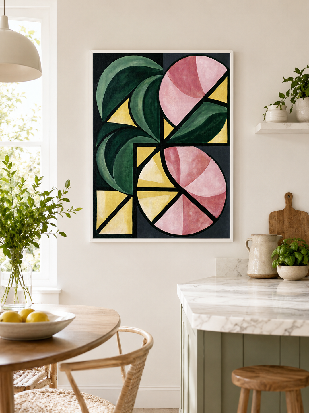 Forest Green Geometric Wall Art - Wall Art Decor - detail view - forest green geometric wall art, pink geometric art print