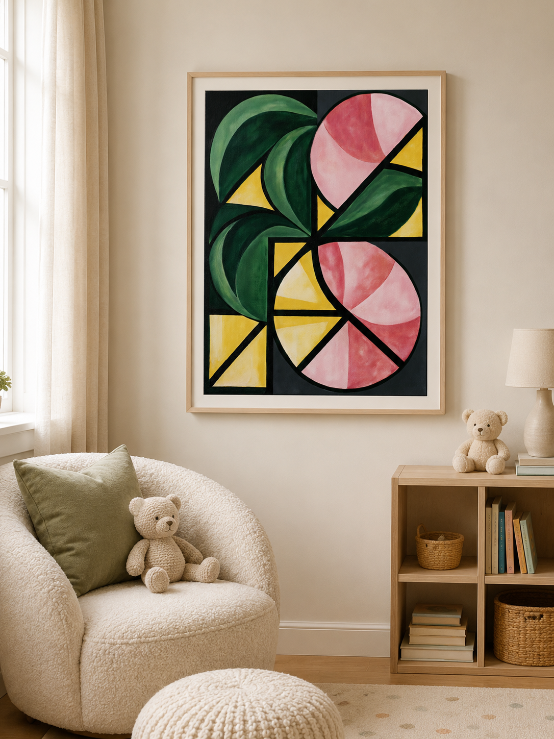 Forest Green Geometric Wall Art - Wall Art Decor - lifestyle shot - forest green geometric wall art, pink geometric art print