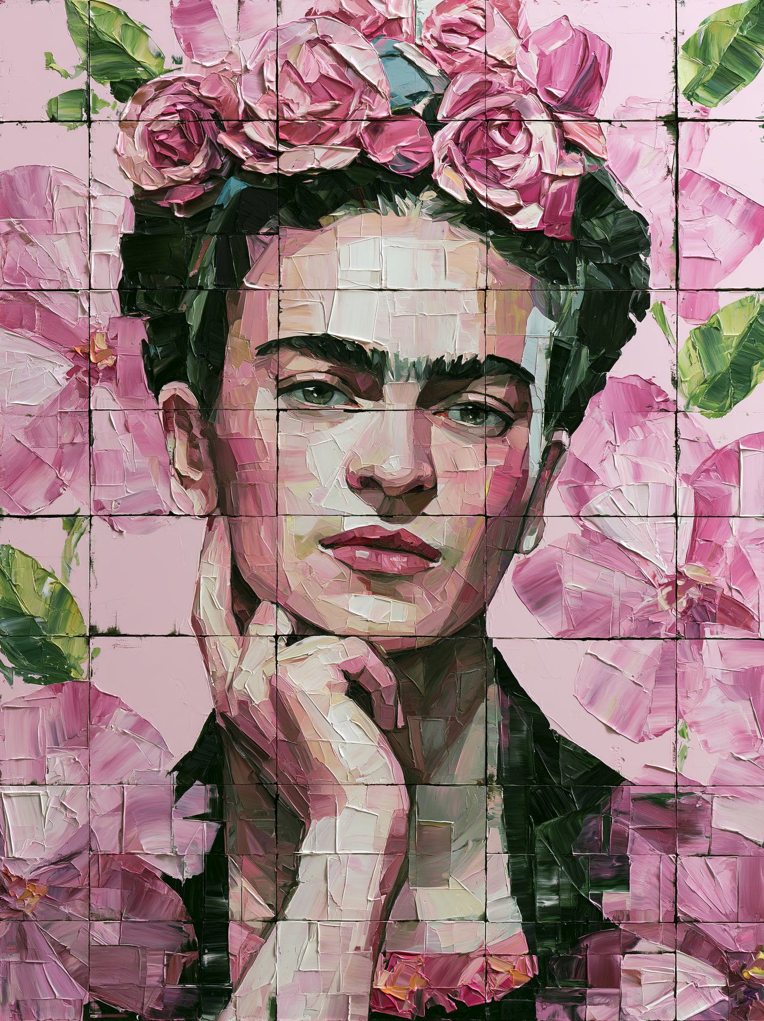 Frida Kahlo Portrait Wall Art - Wall Art Decor - front view - pink floral wall decor, mexican modernism art