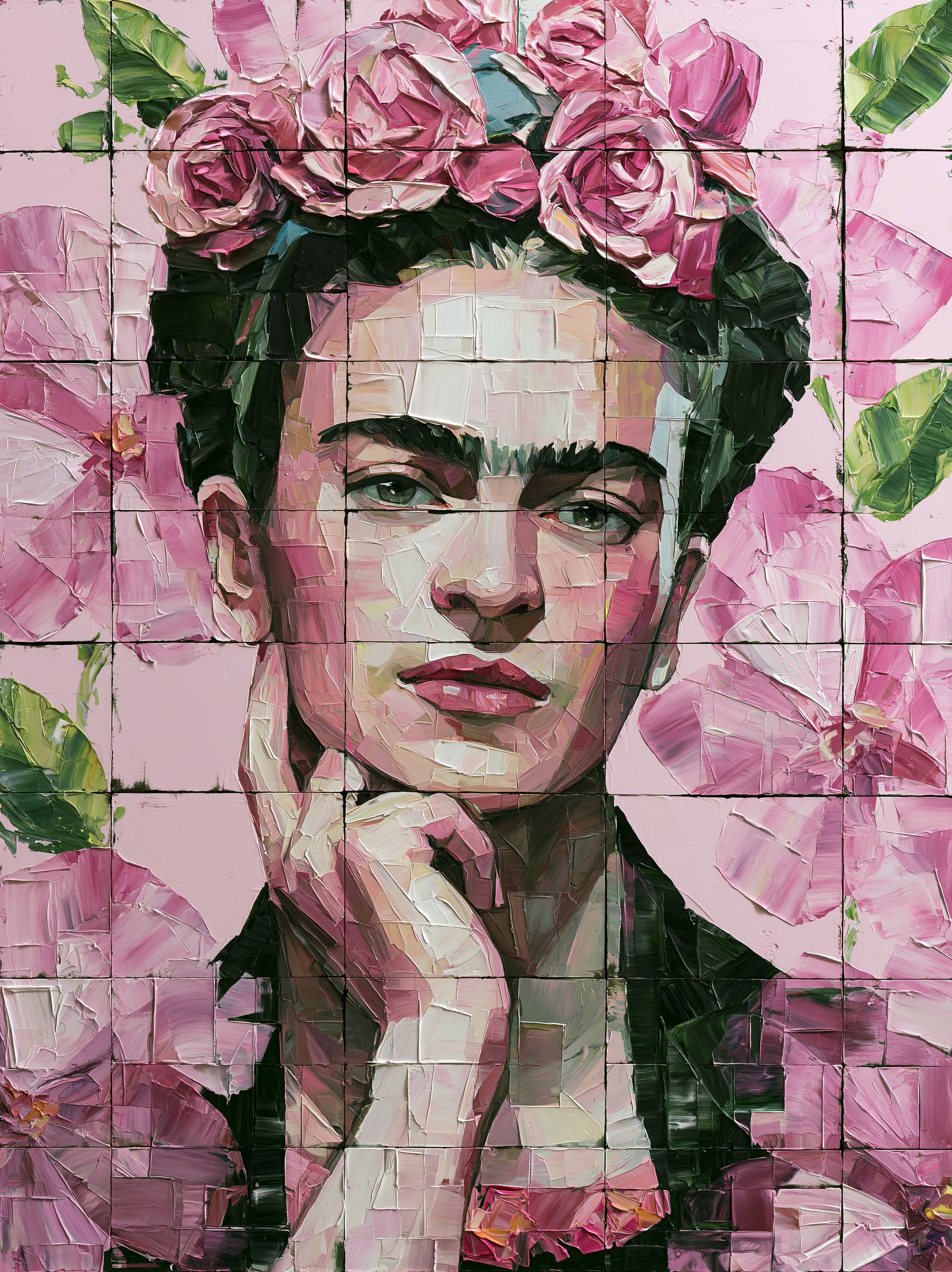 Arte Mural Inspirada em Frida Kahlo - Wall Art Decor - front view - pink floral wall decor, mexican modernism art