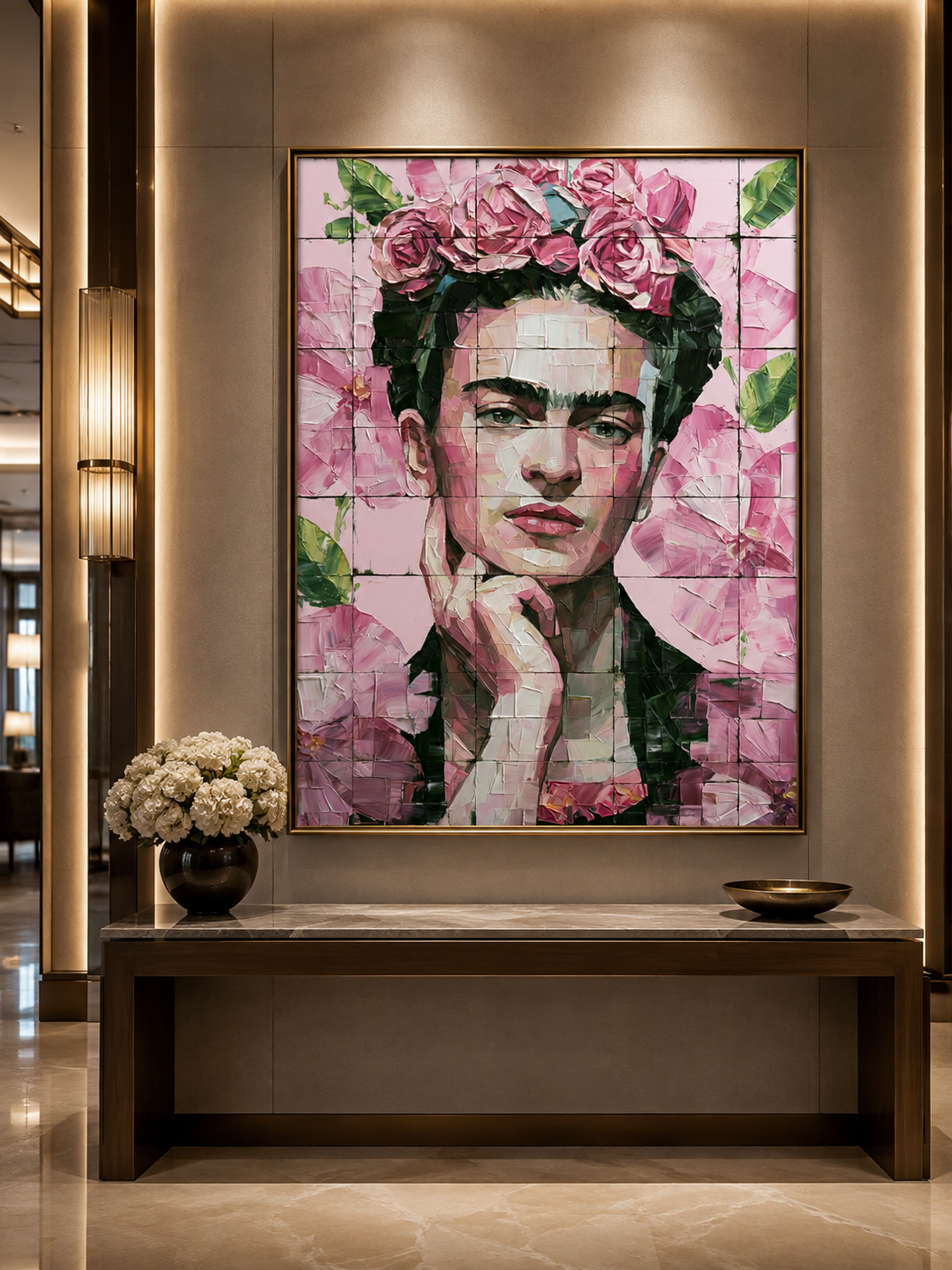 Arte Mural Inspirada em Frida Kahlo - Wall Art Decor - close-up - pink floral wall decor, mexican modernism art