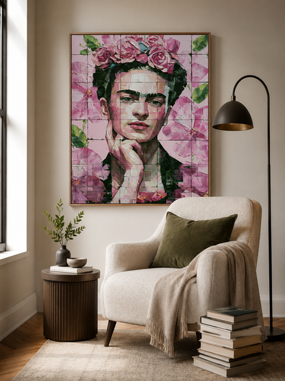 Arte Mural Inspirada em Frida Kahlo - Wall Art Decor - alternate angle - pink floral wall decor, mexican modernism art