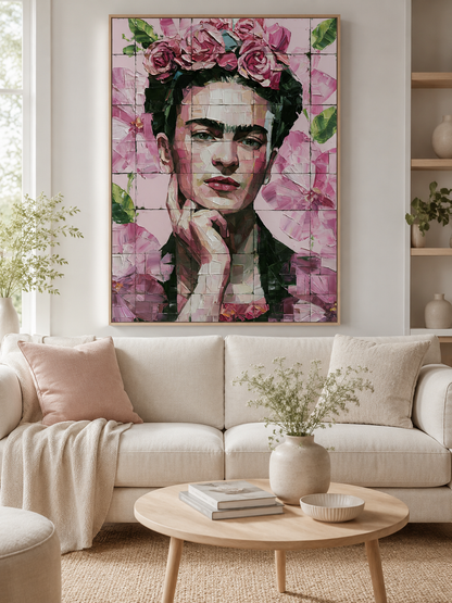 Arte Mural Inspirada em Frida Kahlo - Wall Art Decor - detail view - pink floral wall decor, mexican modernism art