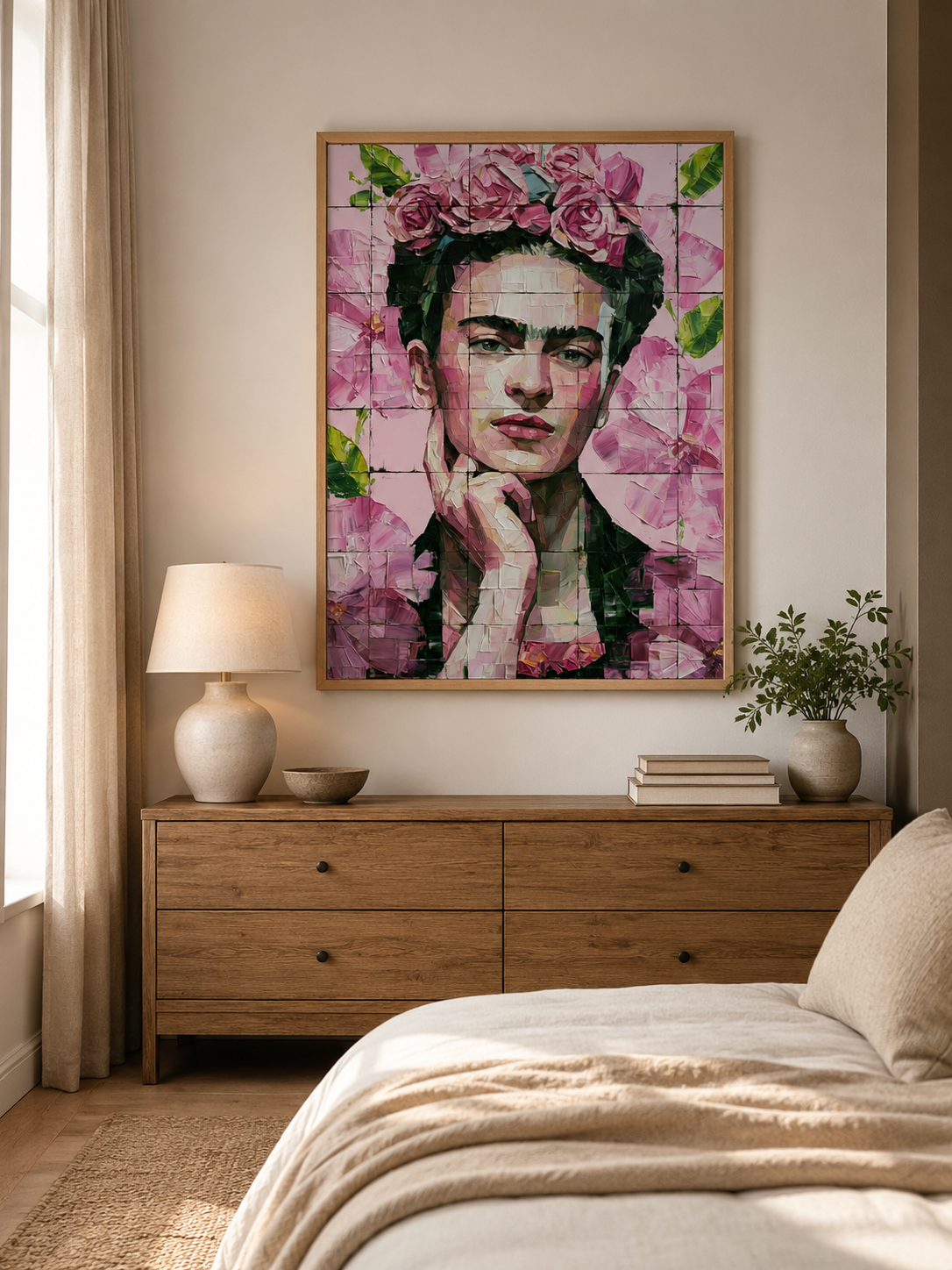 Arte Mural Inspirada em Frida Kahlo - Wall Art Decor - lifestyle shot - pink floral wall decor, mexican modernism art