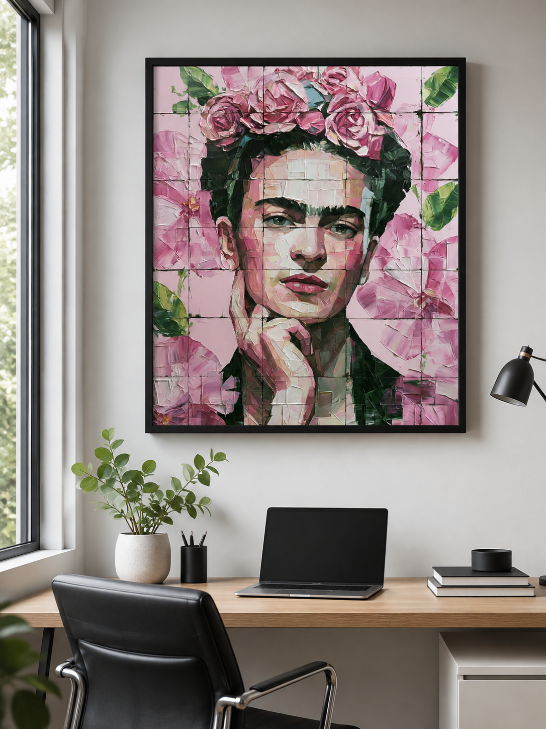 Arte Mural Inspirada em Frida Kahlo - Wall Art Decor - close-up - pink floral wall decor, mexican modernism art