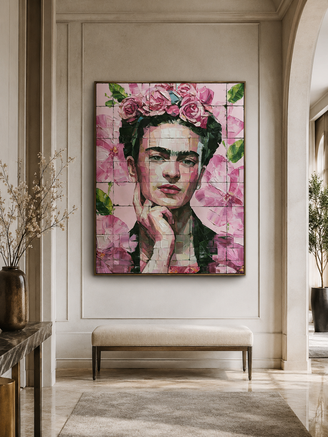 Arte Mural Inspirada em Frida Kahlo - Wall Art Decor - alternate angle - pink floral wall decor, mexican modernism art