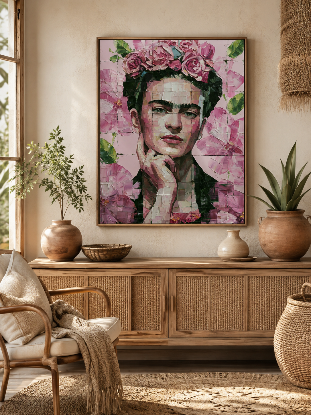 Arte Mural Inspirada em Frida Kahlo - Wall Art Decor - packaging - pink floral wall decor, mexican modernism art