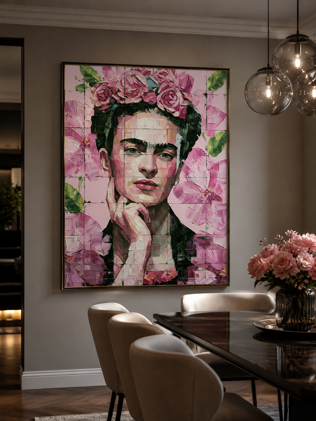 Arte Mural Inspirada em Frida Kahlo - Wall Art Decor - front view - pink floral wall decor, mexican modernism art