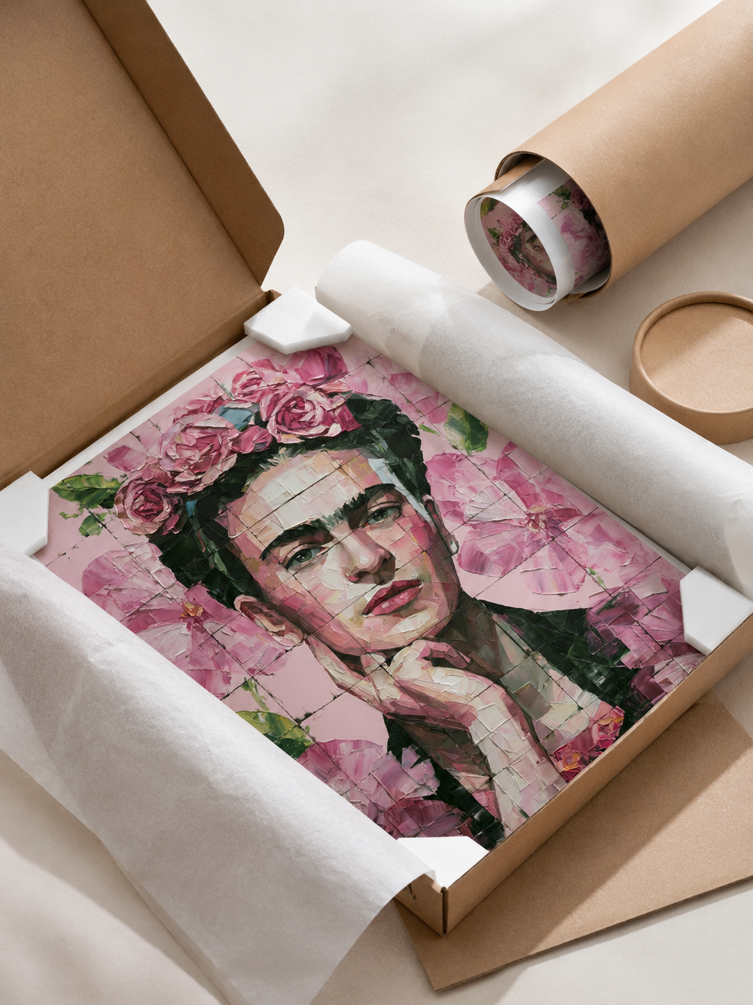 Arte Mural Inspirada em Frida Kahlo - Wall Art Decor - lifestyle shot - pink floral wall decor, mexican modernism art