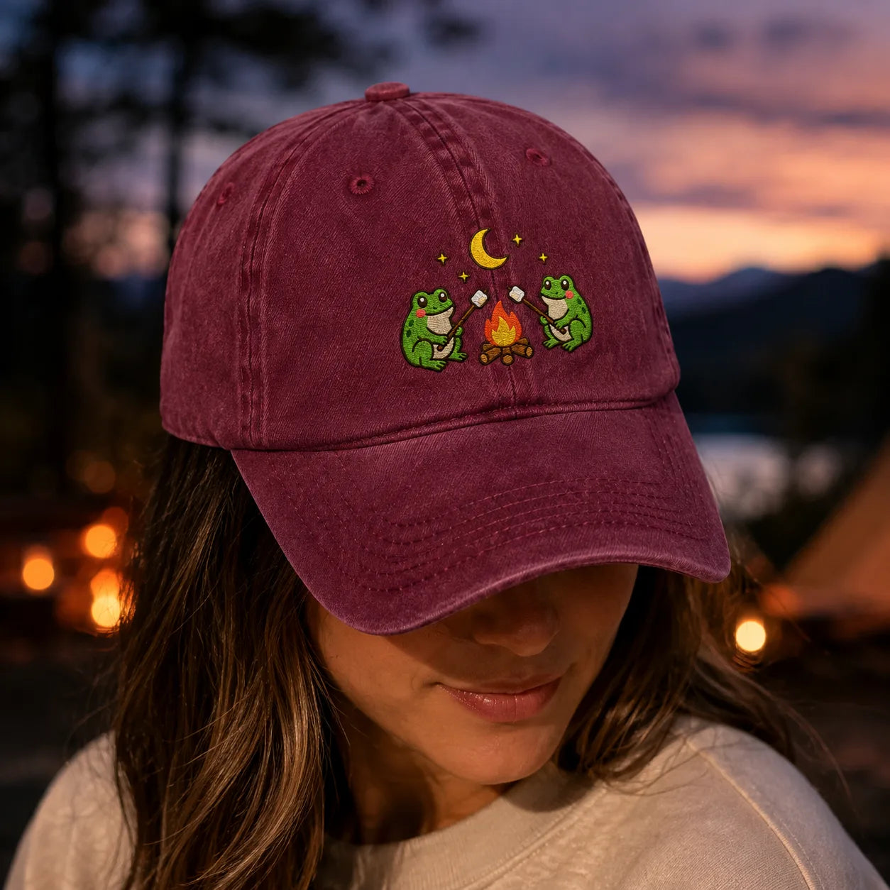 Frog Campfire Washed Cap - washed cap - close up