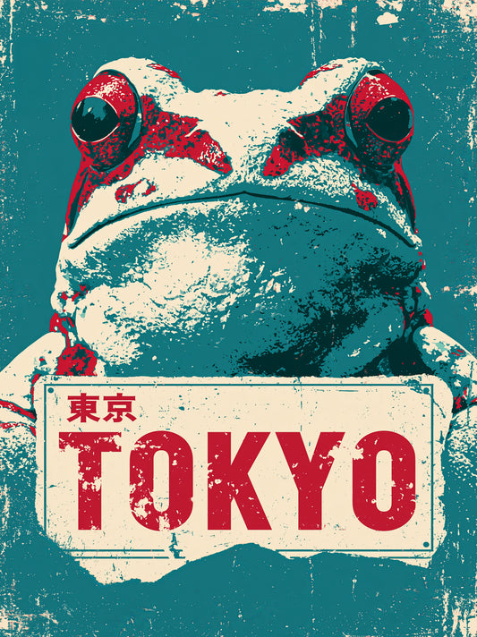 Frog Sign Poster - Wall Art Decor - front view - japanese frog art, retro animal wall art