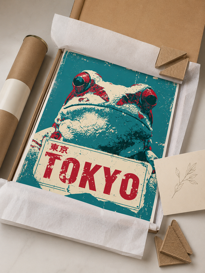 Frog Sign Poster - Wall Art Decor - close-up - japanese frog art, retro animal wall art