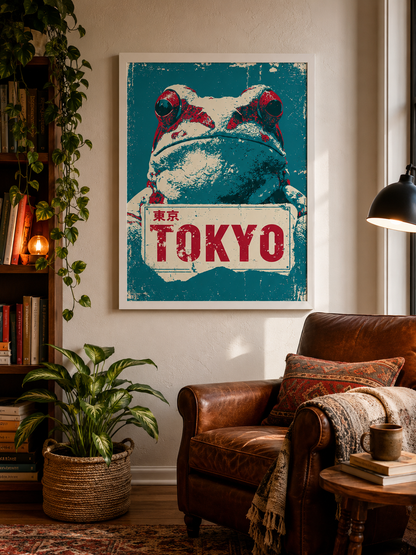 Frog Sign Poster - Wall Art Decor - alternate angle - japanese frog art, retro animal wall art