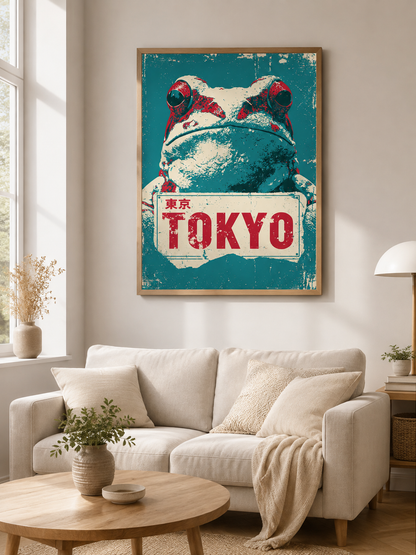 Frog Sign Poster - Wall Art Decor - detail view - japanese frog art, retro animal wall art