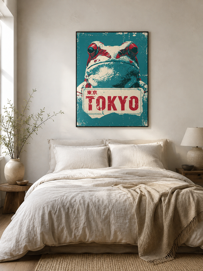 Frog Sign Poster - Wall Art Decor - lifestyle shot - japanese frog art, retro animal wall art