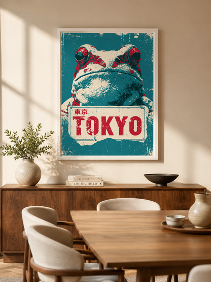 Frog Sign Poster - Wall Art Decor - close-up - japanese frog art, retro animal wall art