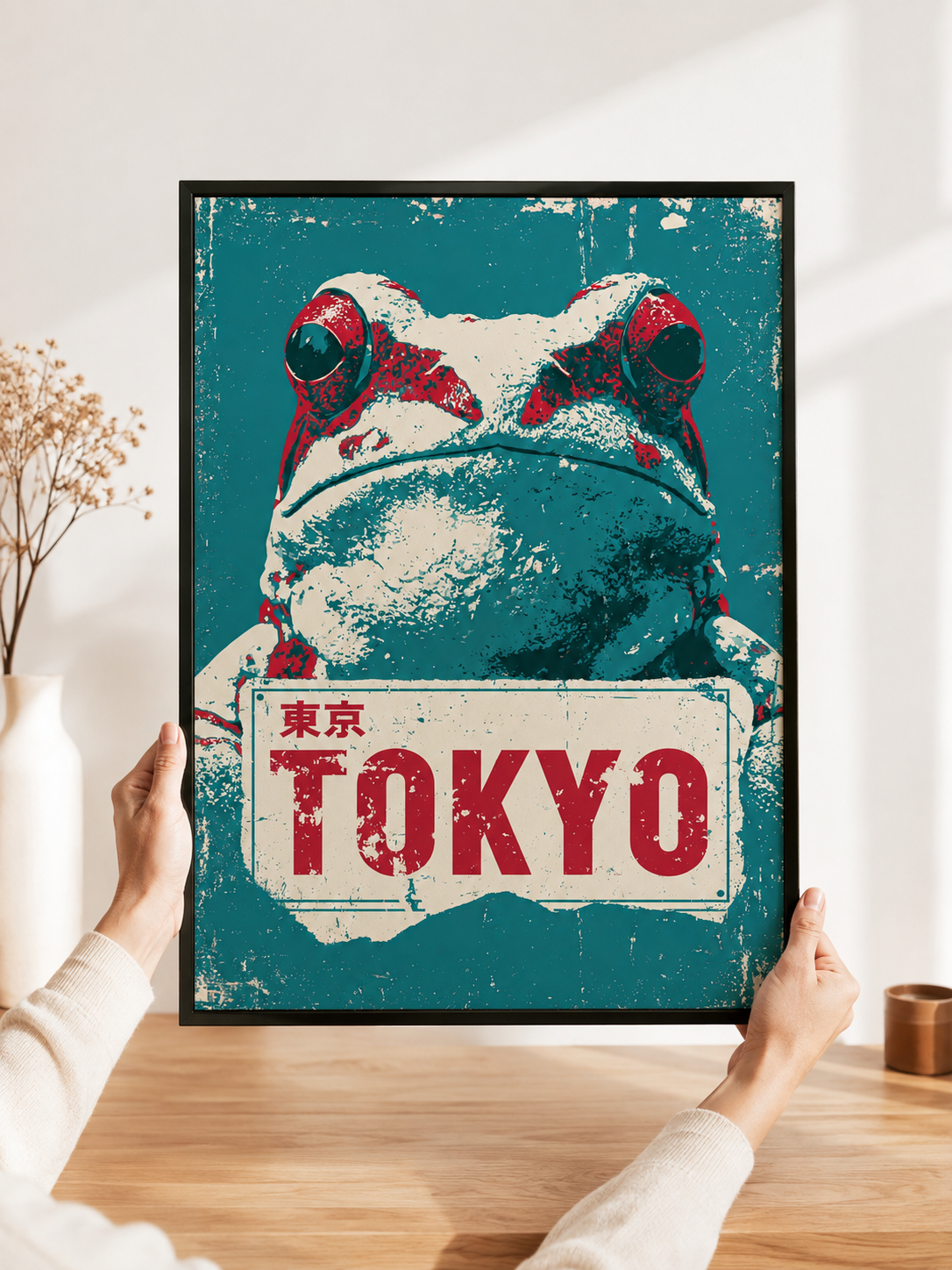 Frog Sign Poster - Wall Art Decor - detail view - japanese frog art, retro animal wall art