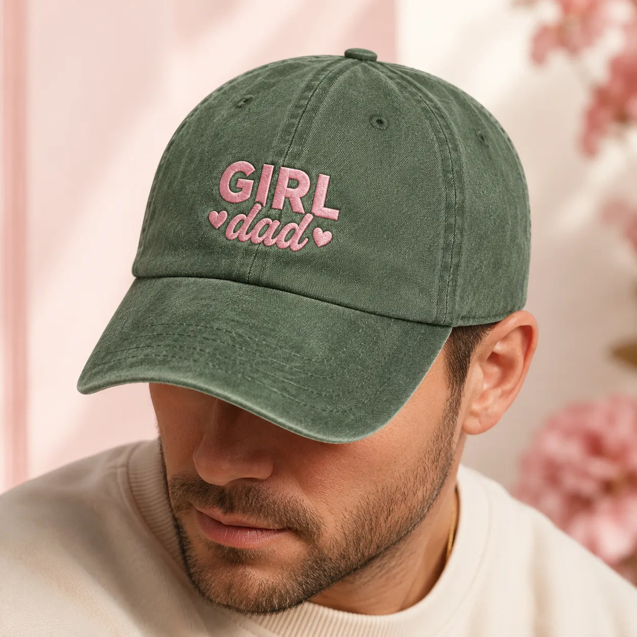 Girl Dad Embroidered Pink Thread Washed Cap - washed cap - detail