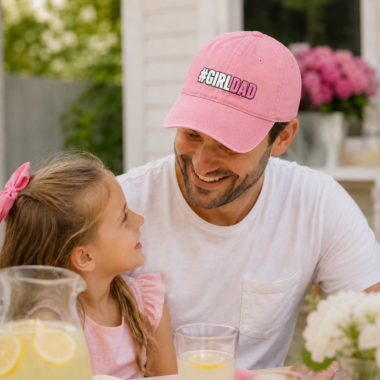Father and daughter having lemonade outside while he wears a pink washed cotton baseball cap with embroidered girl dad design