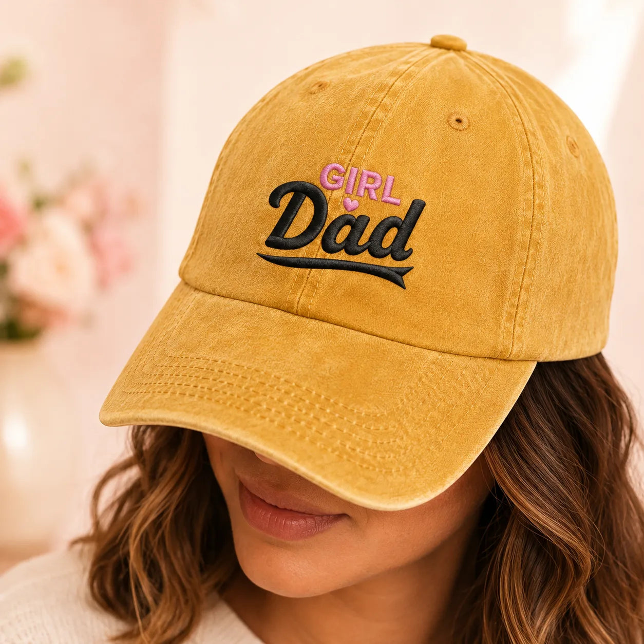 Girl Dad Pink Heart Embroidered Washed Cap - washed cap - detail