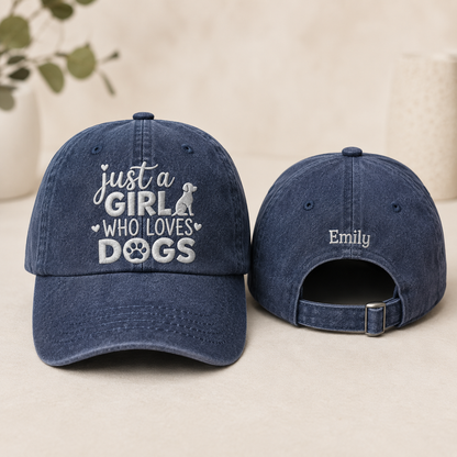 Girl Who Loves Dogs Embroidered Washed Cap - Washed Cap - front view