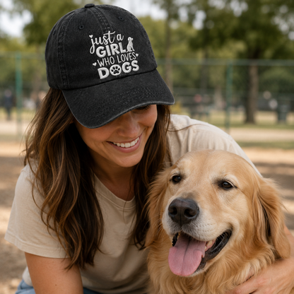 Girl Who Loves Dogs Embroidered Washed Cap - Washed Cap - side view