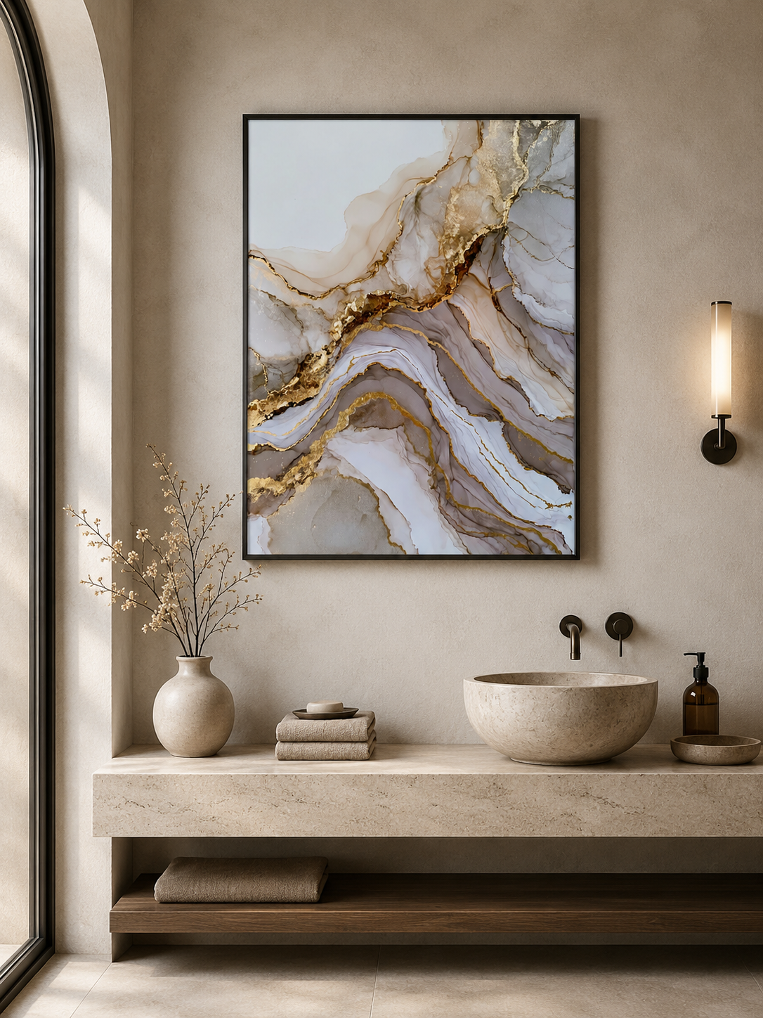 Gold Diagonal Wall Art - Wall Art Decor - alternate angle - beige abstract decor, fluid abstract art