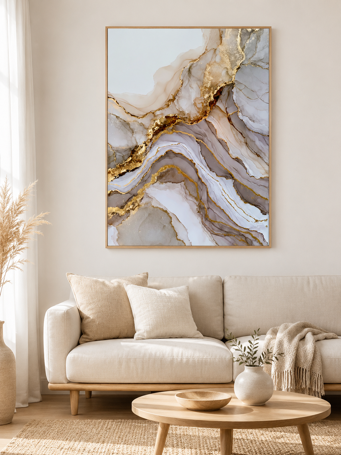 Gold Diagonal Wall Art - Wall Art Decor - detail view - beige abstract decor, fluid abstract art