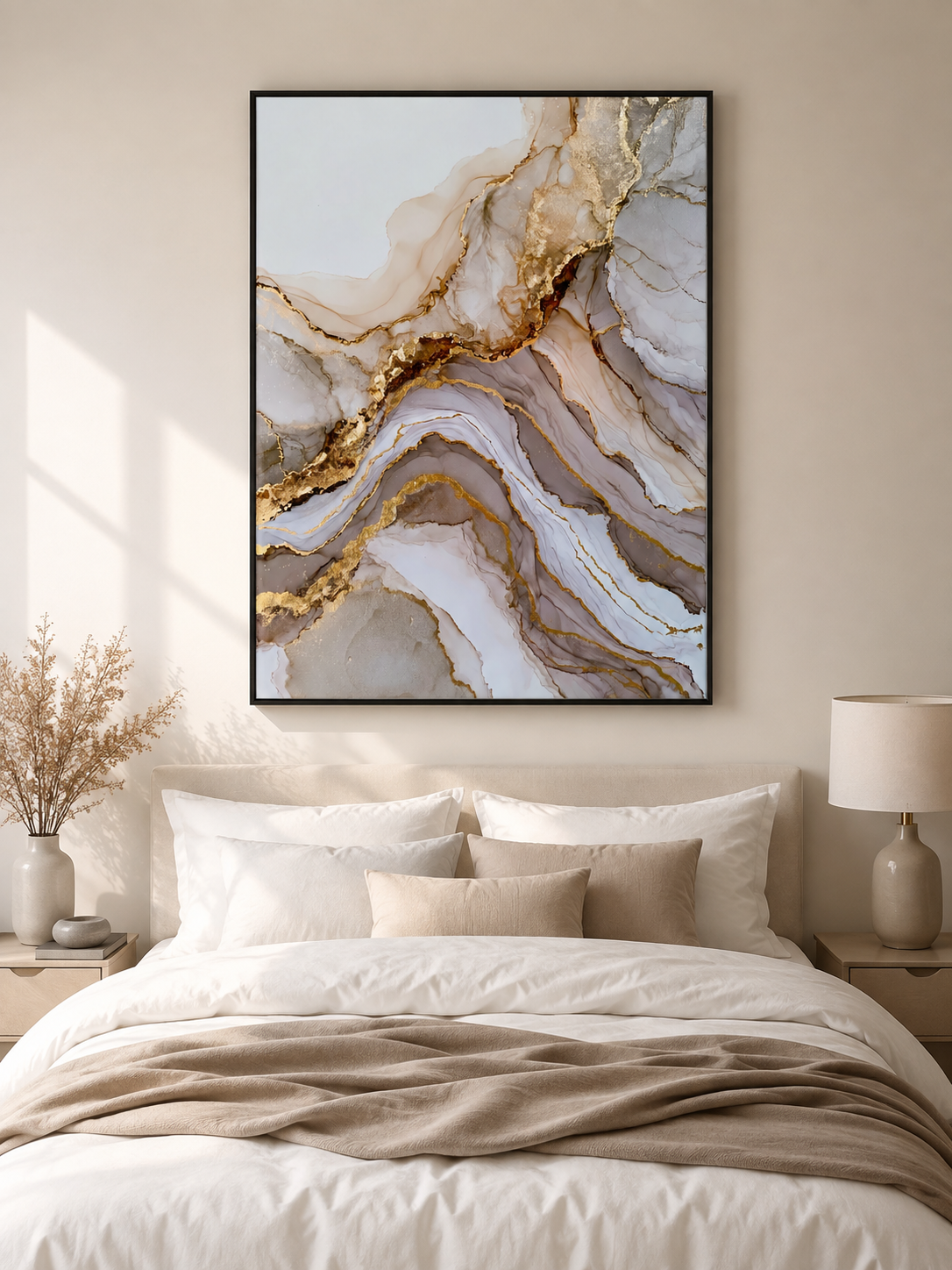 Gold Diagonal Wall Art - Wall Art Decor - lifestyle shot - beige abstract decor, fluid abstract art