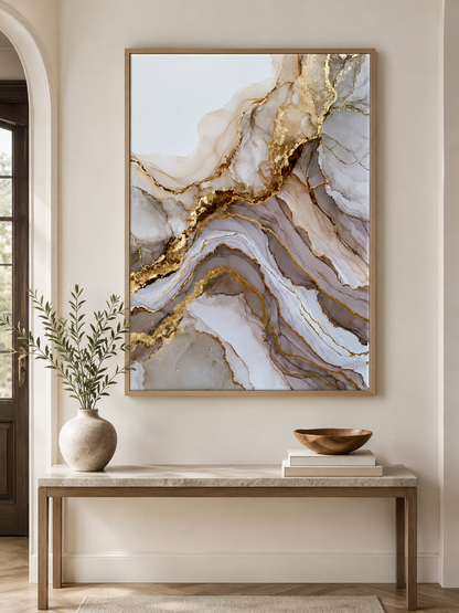 Gold Diagonal Wall Art - Wall Art Decor - alternate angle - beige abstract decor, fluid abstract art
