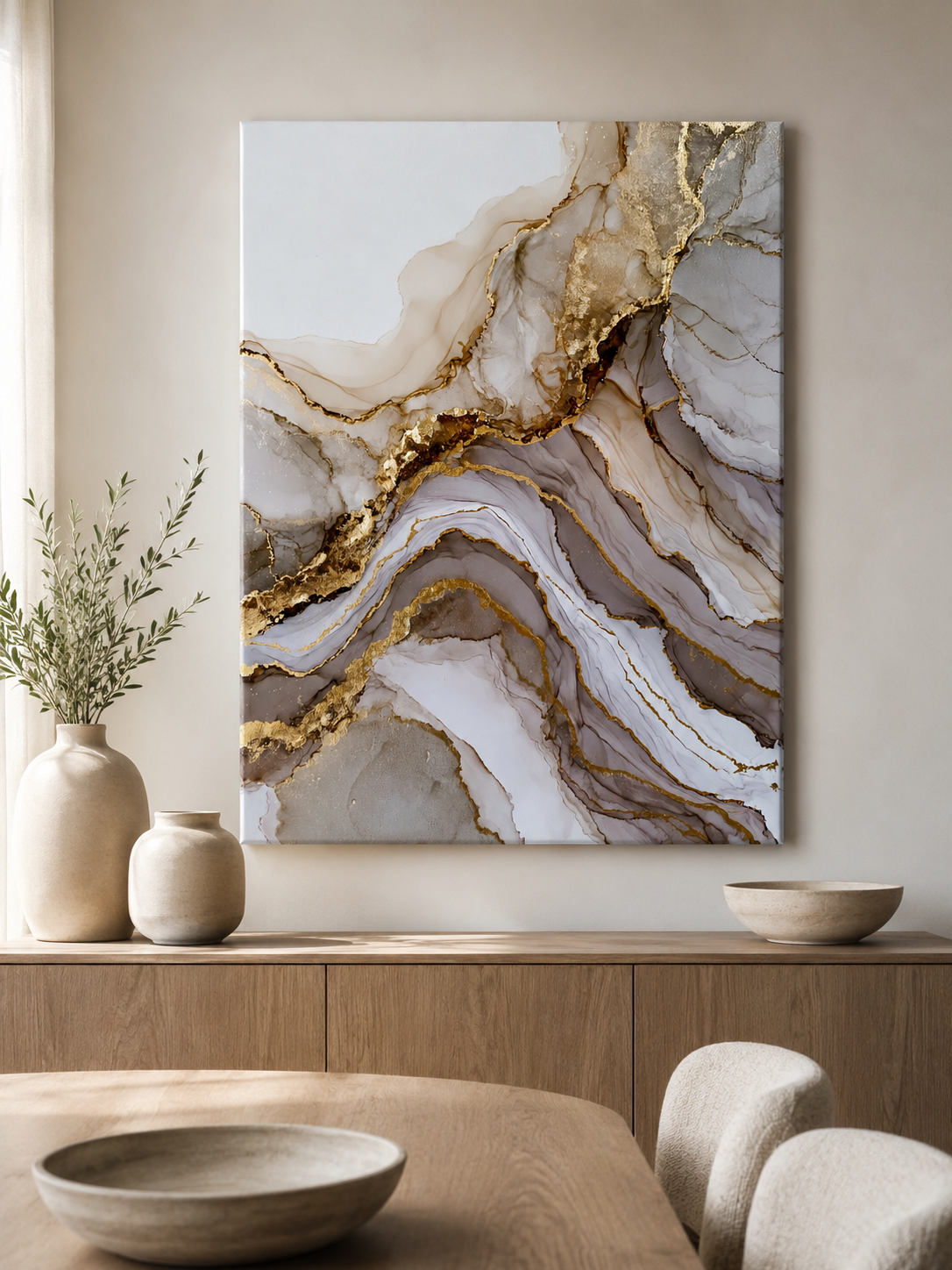 Gold Diagonal Wall Art - Wall Art Decor - front view - beige abstract decor, fluid abstract art