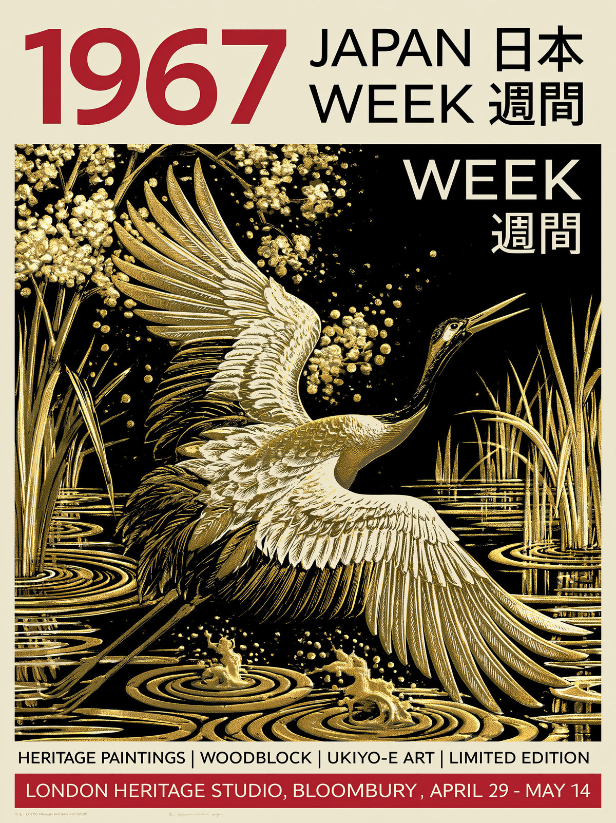 Golden Crane Poster - Wall Art Decor - front view - golden crane poster, black gold wall decor