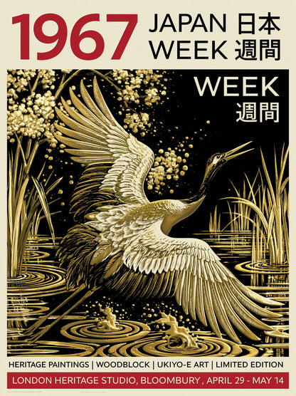 Golden Crane Poster - Wall Art Decor - front view - golden crane poster, black gold wall decor