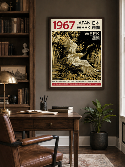 Golden Crane Poster - Wall Art Decor - alternate angle - golden crane poster, black gold wall decor