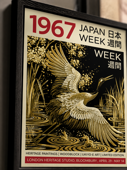 Golden Crane Poster - Wall Art Decor - detail view - golden crane poster, black gold wall decor