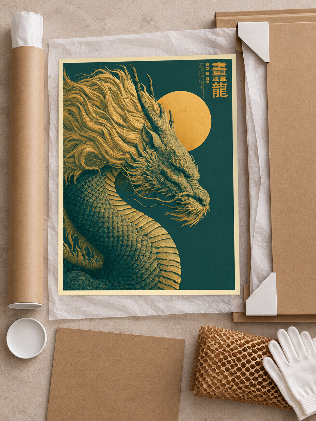 Golden Dragon Sun Poster - Wall Art Decor - close-up - golden dragon poster, oriental dragon wall art