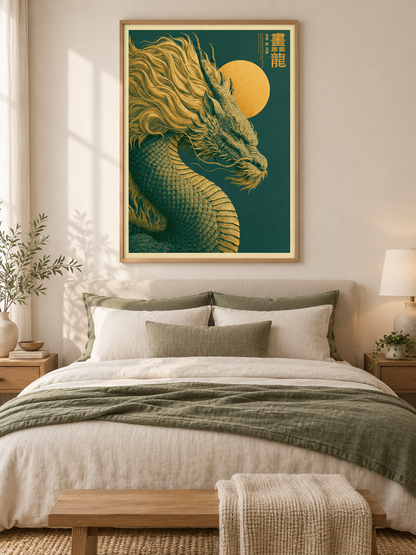 Golden Dragon Sun Poster - Wall Art Decor - lifestyle shot - golden dragon poster, oriental dragon wall art